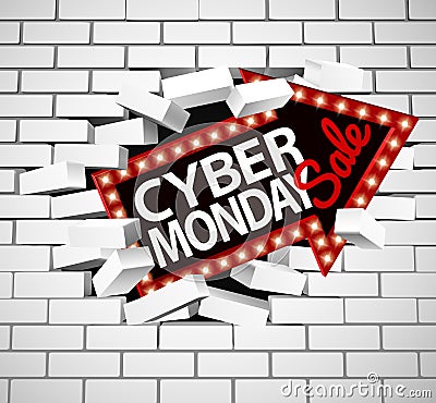 Cyber Monday Sale Sign Breaking Through Wall Vector Illustration