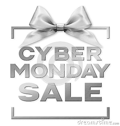 Cyber monday sale silver text write isolated on white gift card with silver ribbon bow Stock Photo