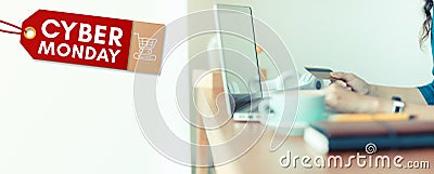 Cyber Monday sale tag banner with woman holding credit card use Stock Photo