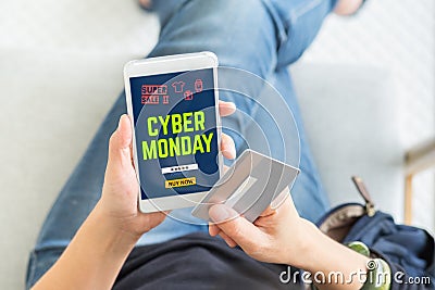 Cyber Monday sale using credit card to buy with promo code,Top v Stock Photo