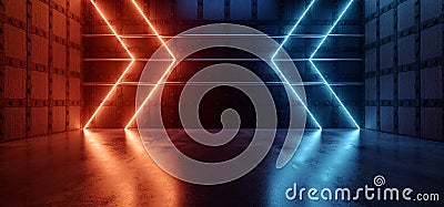 Cyber Neon Sci Fi Futuristic Blue Orange Arrow Shaped Laser Lights Glowing On Medieval Walls Cement Concrete Floor Club Stage Stock Photo