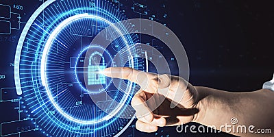 Cyber protection concept with man finger on touch screen with digital lock sign Stock Photo