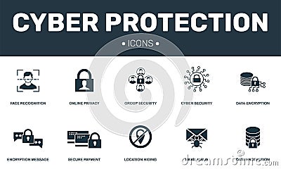 Cyber protection set icons collection. Includes simple elements such as Online privacy, Cyber security, Face recognition and Data Stock Photo