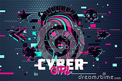 Cyber punk woman. Girl gamer portrait. Video games background, glitch style. Female online user. Vector illustration. Vector Illustration