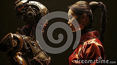 A Cyber Robot Woman Martial Arts Instructor Versus A Human Woman Martial Arts Instructor Stock Photo