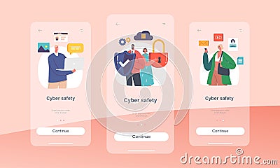 Cyber Safety Mobile App Page Onboard Screen Template. Computer Security, Internet Privacy, Data Protection, Network Vector Illustration