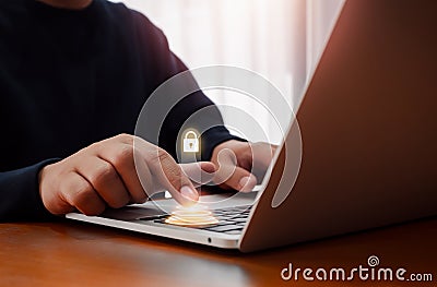 Cyber secure system technology, fingerprint scan, internet network security, privacy data protection concepts. Cybersecurity Stock Photo