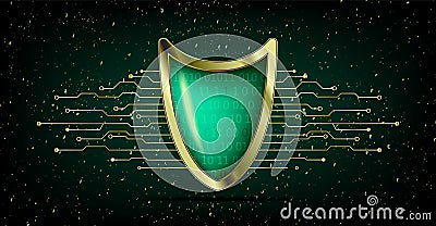 Cyber security antivirus concept with gold green shield, futuristic lines and numbers. Protected web privacy technology design. V Vector Illustration