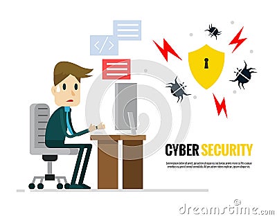 Cyber security concept. Businessman trying to protect his computer from virus. Vector Illustration