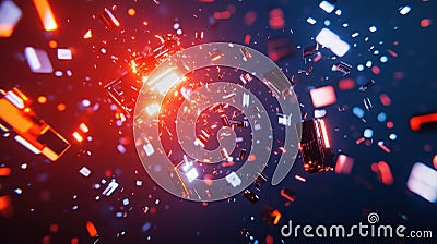 Cyber security concept with exploding server and floating data packets Stock Photo