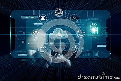 Cyber security concept, Hand touching cloud computing and icon network connnection on virtual screen ,icon lock, technology Stock Photo