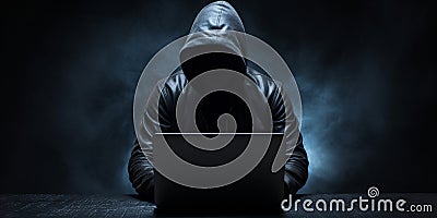 Cyber Security Concept. Incognito Cybercriminal Typing On Laptop In Dark Room. Hacker Stealing Data. Generative AI Stock Photo