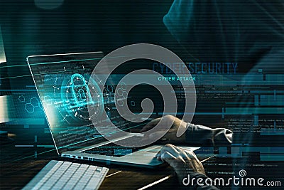 Cyber security concept. Internet crime. Hacker working on a code and network with lock icon Stock Photo