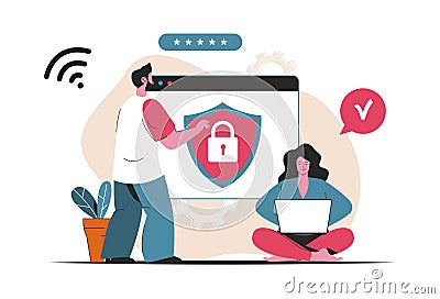 Cyber security concept isolated. Password protection personal data, identification. People scene in flat cartoon design. Vector Vector Illustration