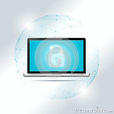 Cyber security concept with laptop protected in polygonal sphere shield Vector Illustration