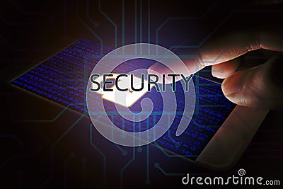 Cyber security concept, Man pointing lock icon on mobile phone. Stock Photo