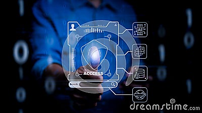 Cyber security concept. Man using thumb to scan finger print or for digital processing biometric identification to access Stock Photo