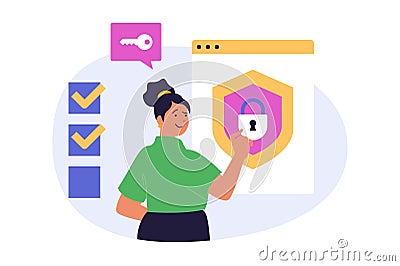 Cyber security concept in modern flat design for web. Woman using many step authentication with safety password access Vector Illustration