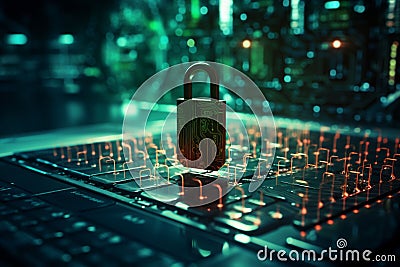 Cyber security concept with padlock on computer chip boards in neon lights in virtual cyber world. Copy space Stock Photo