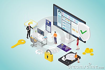 Cyber security concept with team people and secure code programmer with modern flat style and isometric design - vector Cartoon Illustration
