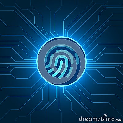 Cyber security data, blue fingerprint circuit on dark background. Stock Photo