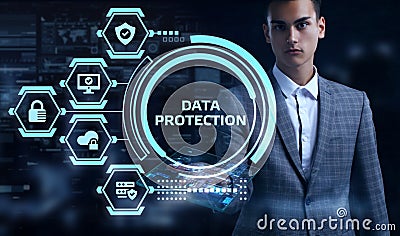 Cyber security data protection business technology privacy concept. Young businessman select the word Data protection on the Stock Photo