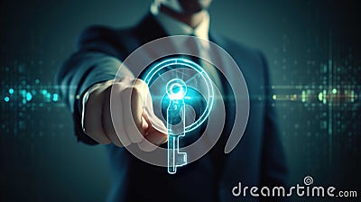 Cyber security data protection Businessman holding a key to protect sensitive data Concept ,Cyber security , Generate AI Stock Photo