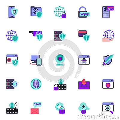 Cyber security elements collection, flat icons set Vector Illustration