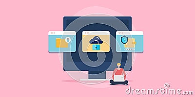 Cyber security expert people giving protection to web data with security software login access encryption technology. Vector Illustration