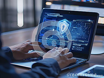 Cyber security expert verifying identity using two factor authentication on laptop in professional office setting Stock Photo