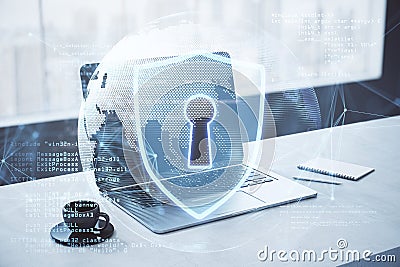 Cyber security and global protection concept with blue guard shield and computer software programming earth planet globe on modern Editorial Stock Photo