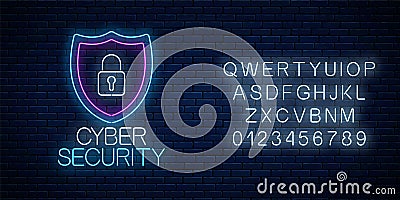 Cyber security glowing neon sign with alphabet. Internet protection symbol with shield and padlock Vector Illustration