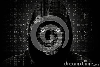 Cyber-security hacker with a hoodie hiding face -computer technology background. Generative AI Stock Photo