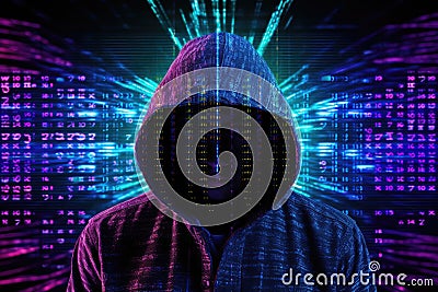 Cyber-security hacker with a hoodie hiding face -computer technology background. Generative AI Stock Photo