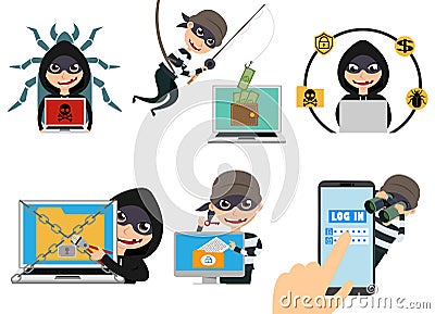 Cyber security hacker vector character set. Thief hacking computer stealing online password Vector Illustration