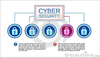 Cyber security horizontal banner. Antivirus network, hacking attempt by a hacker. Vector Illustration
