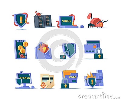 Cyber security icon. Online network protection database danger internet virus secure cloud firewall vector colored Vector Illustration