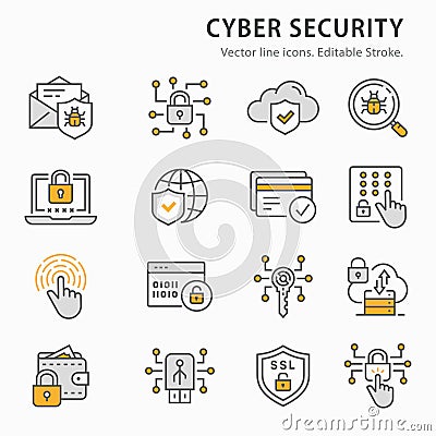 Cyber security icon set. Collection of antivirus firewall, email virus threat, access control and more. Vector Vector Illustration