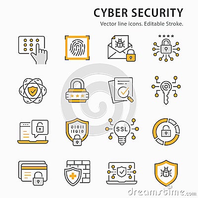 Cyber security icon set. Collection of antivirus firewall, email virus threat, digital key and more. Vector illustration Vector Illustration