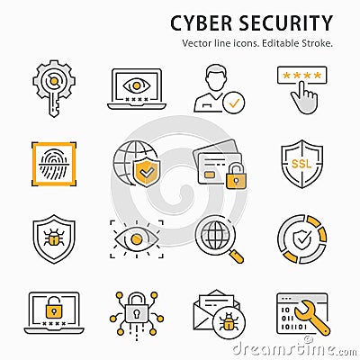 Cyber security icon set. Collection of data protection, email virus threat, digital key and more. Vector illustration Vector Illustration