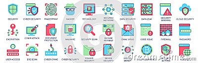 Cyber security icon set in flat color icons web design. Pack pictograms with fingerprint, hacker, technology, network Cartoon Illustration