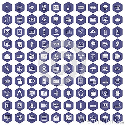 100 cyber security icons hexagon purple Vector Illustration