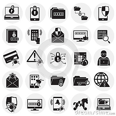 Cyber security icons set on circles background for graphic and web design. Simple vector sign. Internet concept symbol Vector Illustration