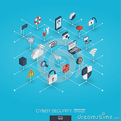 Cyber security integrated 3d web icons. Digital network isometric interact concept. Vector Illustration