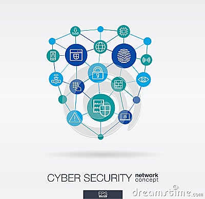 Cyber security integrated thin line web icons in shield shape. Vector Illustration