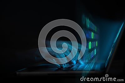 Cyber Security, Internet Threat Hacking, Digital Crime Concept. Motion Blurred image of Hacker Using Computer Laptop Attack Secret Stock Photo