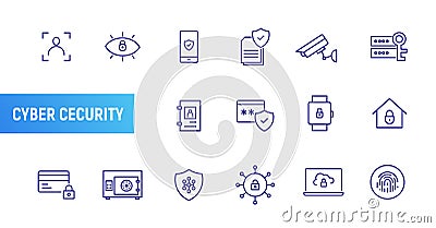 Cyber security line icon camera safety digital access data document lock cloud password connect fingerprint secure line Vector Illustration