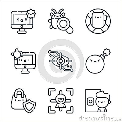 cyber security line icons. linear set. quality vector line set such as retinal scanner, target, safe, bomb, retina, virus, backup Vector Illustration