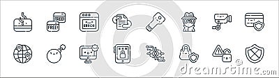 cyber security line icons. linear set. quality vector line set such as shield, safe, cellphone, worldwide, cctv, error, web, free Vector Illustration
