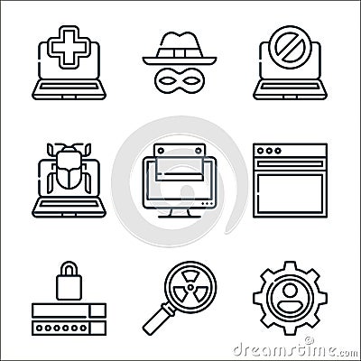 cyber security line icons. linear set. quality vector line set such as social engineering, radiation, password, web, scraping, bug Vector Illustration